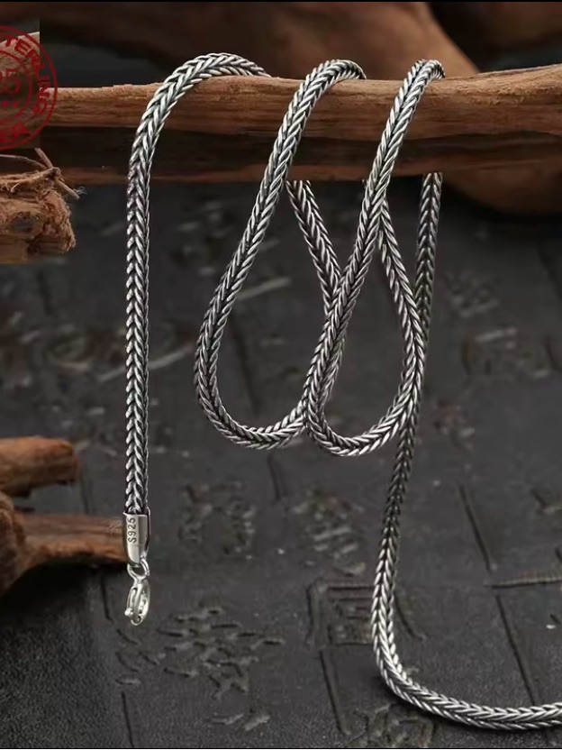 Men’s Square Foxtail Chain Necklace Solid 925 Sterling Silver Italy Made